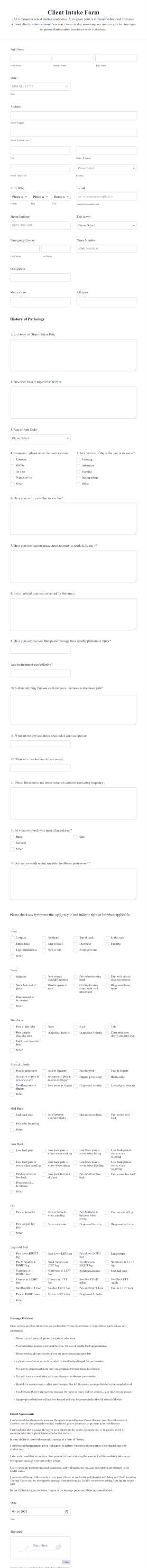 Massage Therapy Client Intake Form Template