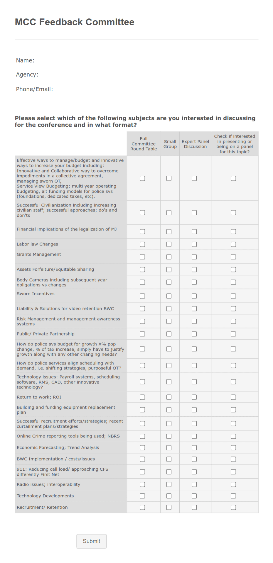 MCC Feedback Committee Form Template | Jotform