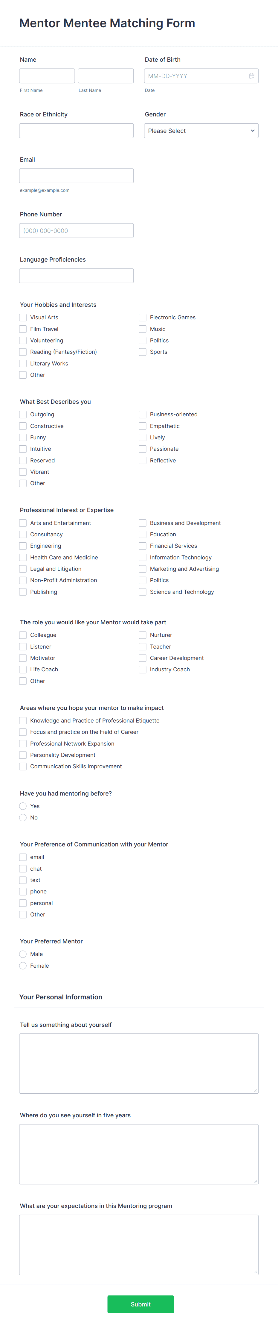 Mentor Mentee Matching Form Template | Jotform