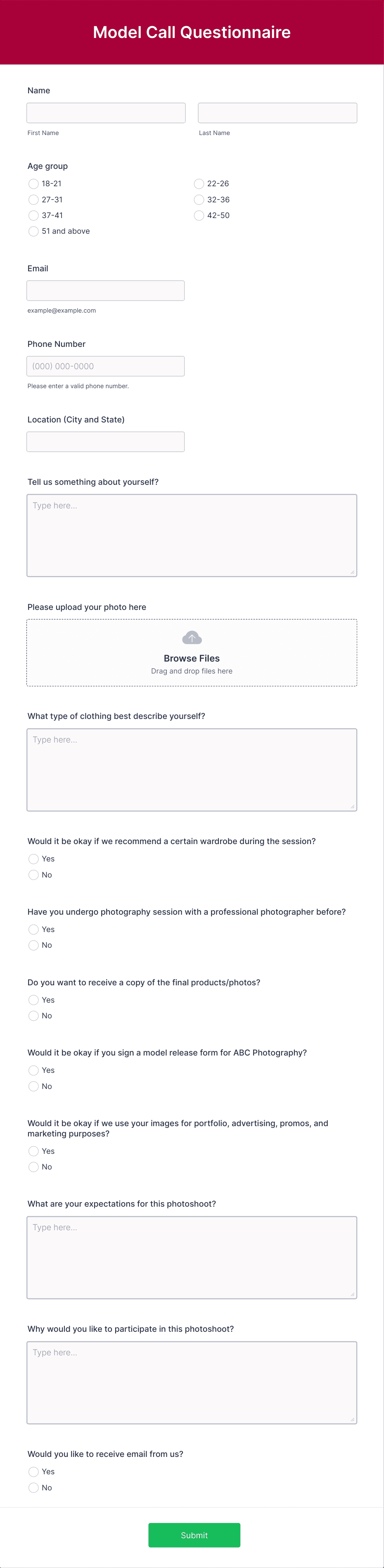 Model Call Questionnaire Form Template | Jotform