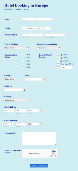 Motel Booking Form Template