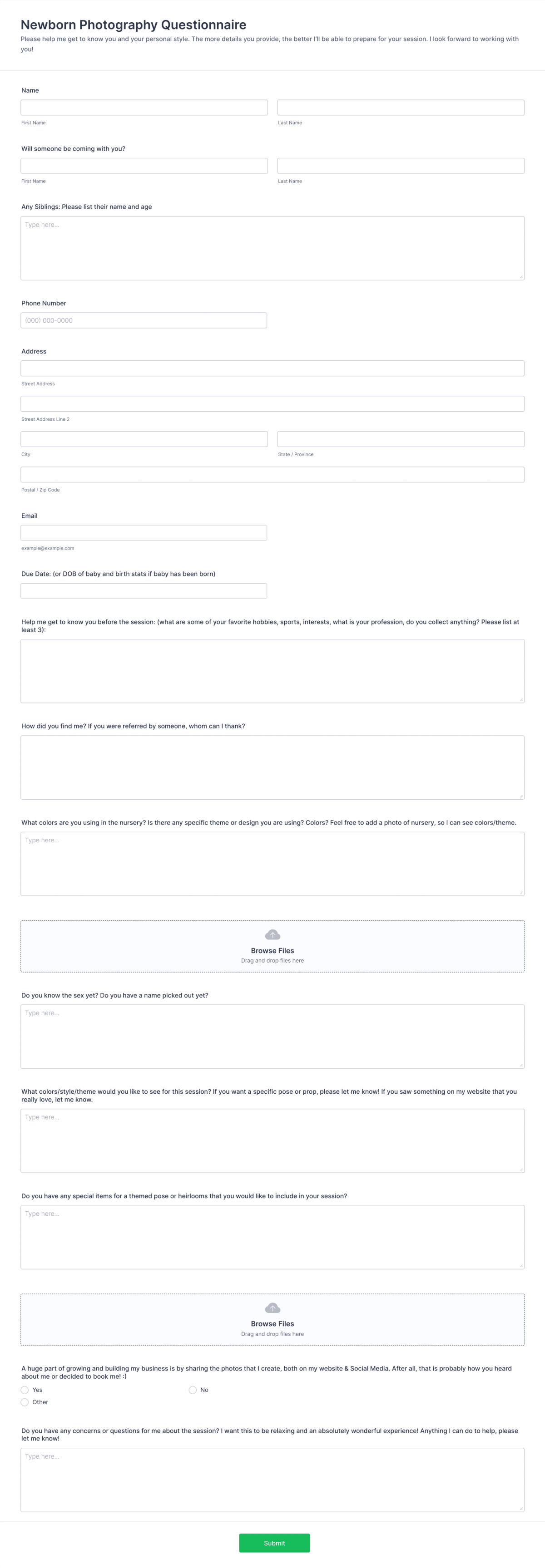 Newborn Photography Questionnaire Form Template | Jotform