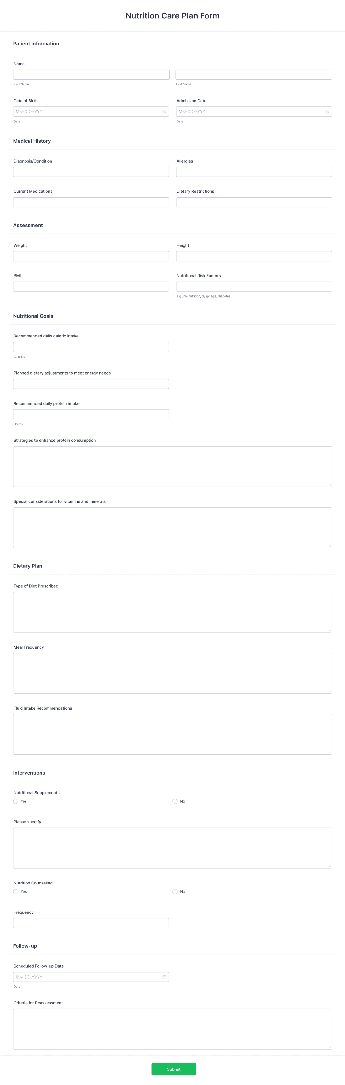 Nutrition Care Plan Form Template | Jotform