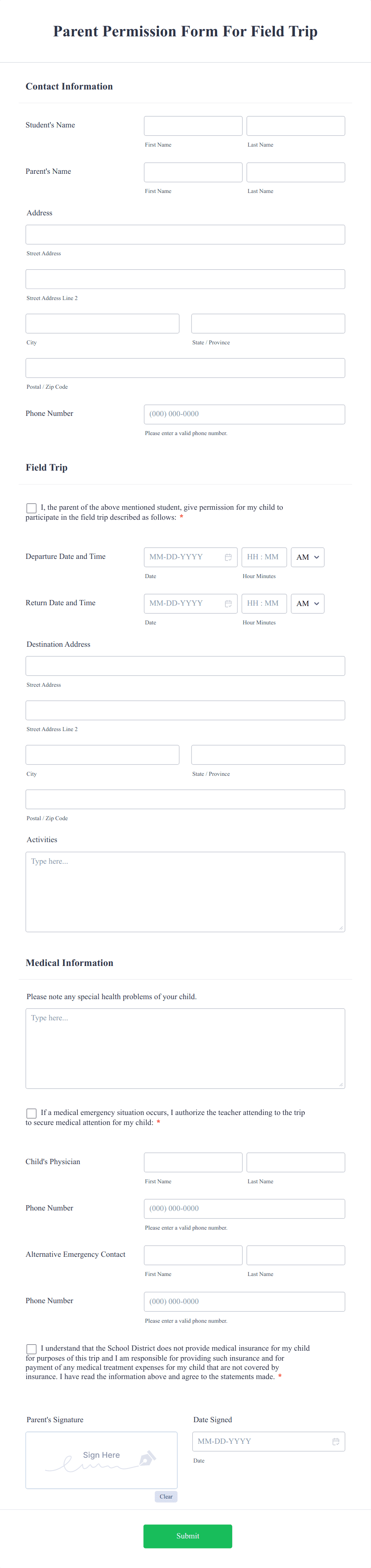 Parent Permission Form For Field Trip Form Template | Jotform