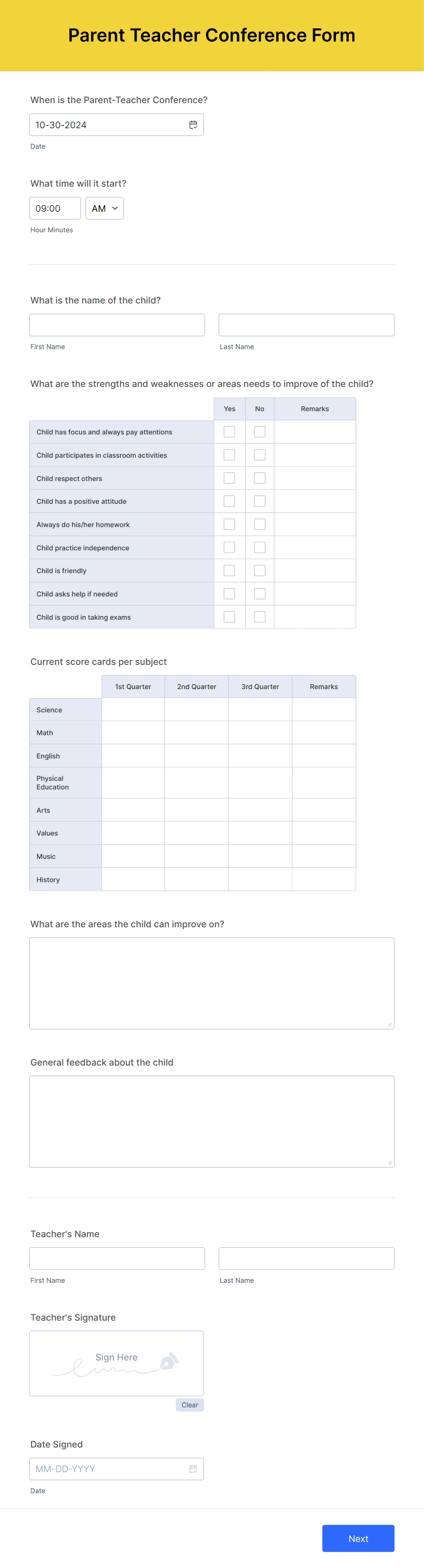 Parent Teacher Conference Form Template | Jotform