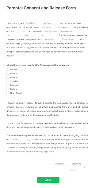 Parental Consent And Release Form Template