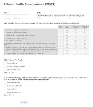 Patient Health Questionnaire PHQ9 Form Template