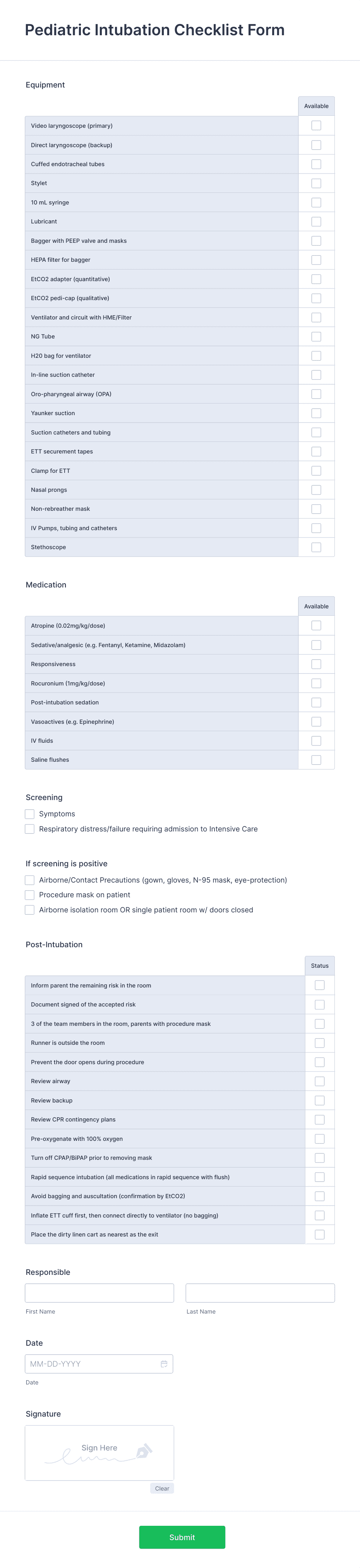 Pediatric Intubation Checklist Form Template | Jotform