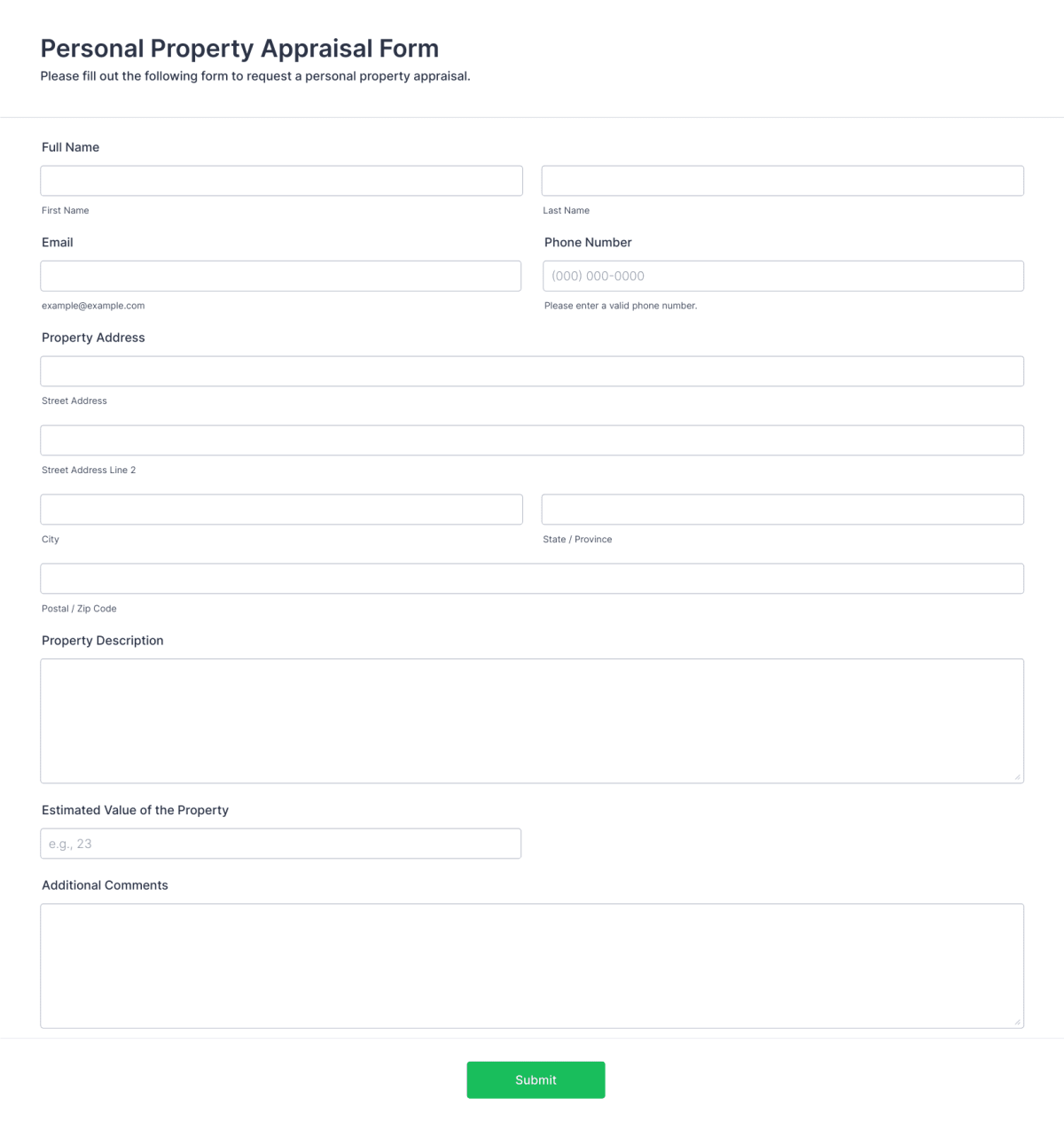 Personal Property Appraisal Form Template | Jotform