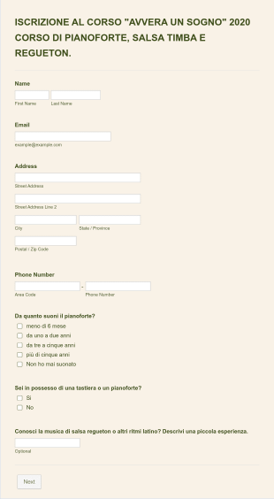 Piano Course Registration Form In Italian Form Template