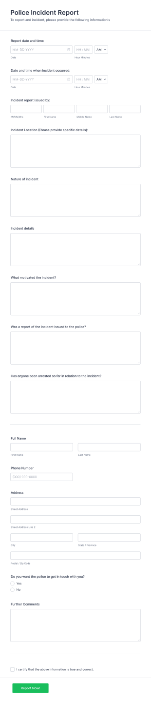 Free Police Incident Report Template Form Template