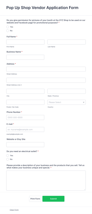 Pop Up Shop Vendor Application Form Template