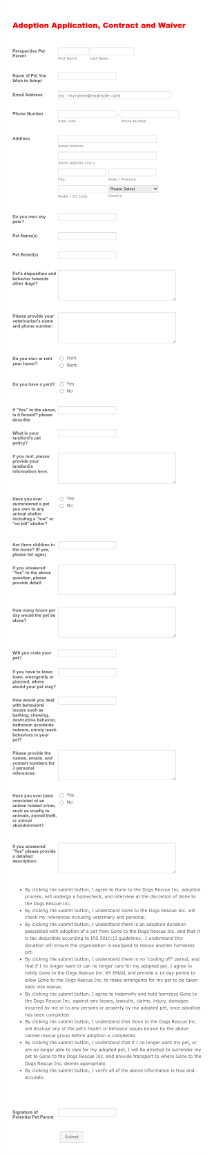 Puppy Adoption Form Template
