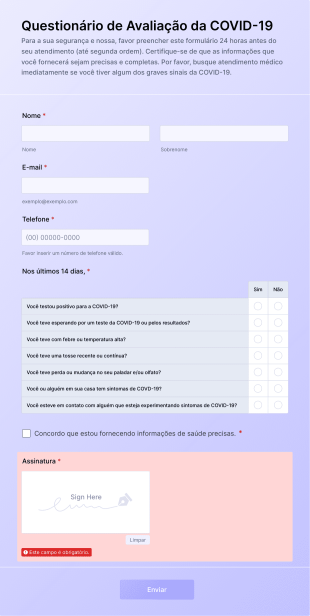 Questionário De Avaliação E Triagem Da COVID 19 Form Template