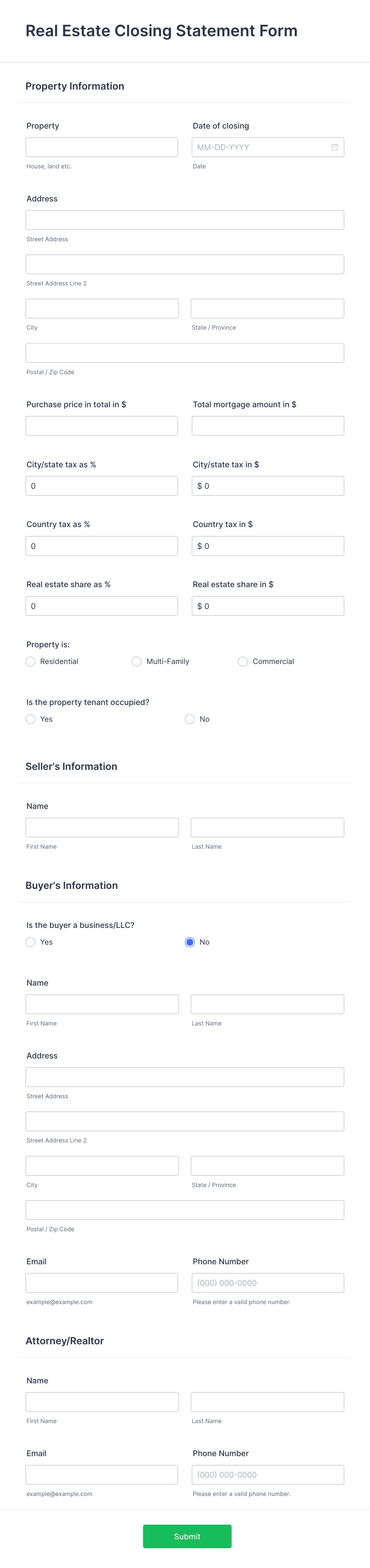 Real Estate Closing Statement Form Template | Jotform