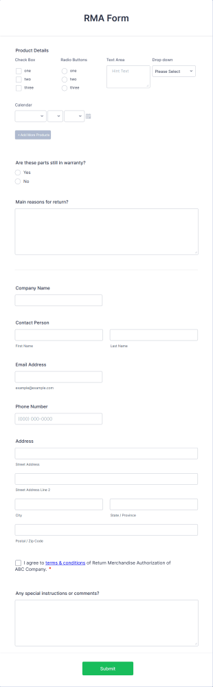 RMA Form Template