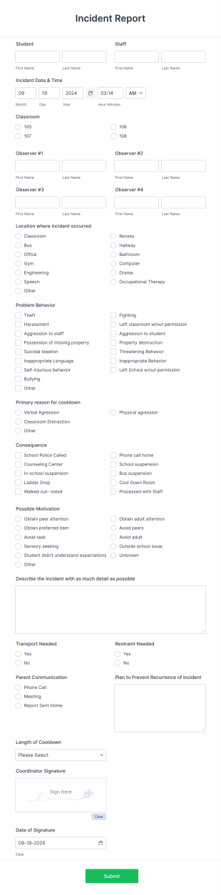 School Incident Report Form Template