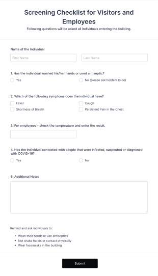 Screening Checklist For Visitors And Employees Form Template