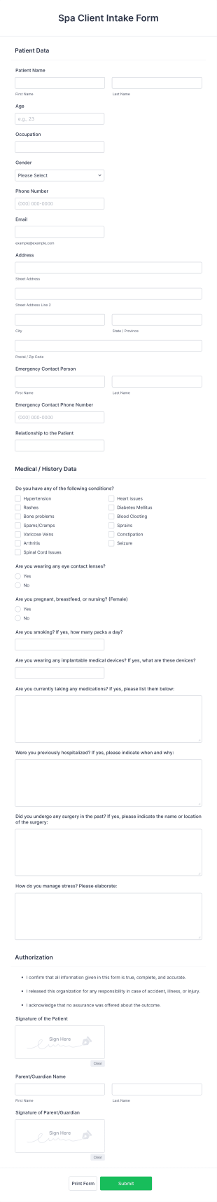 Spa Client Intake Form Template