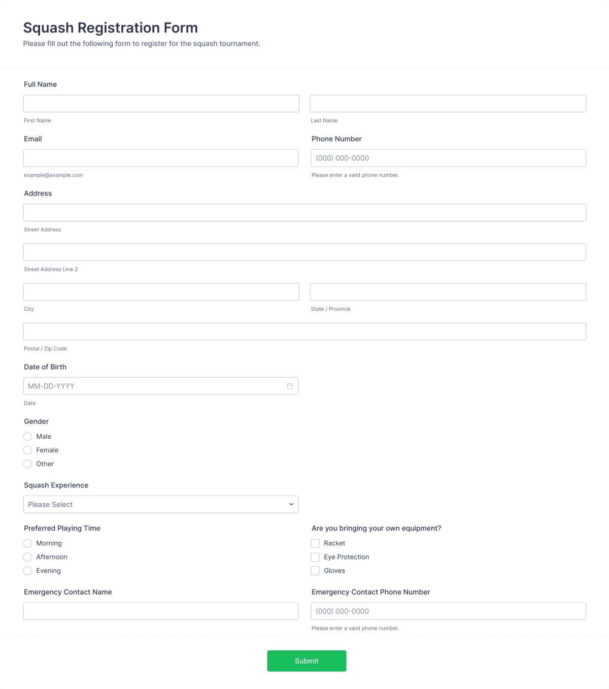 Squash Registration Form Template | Jotform