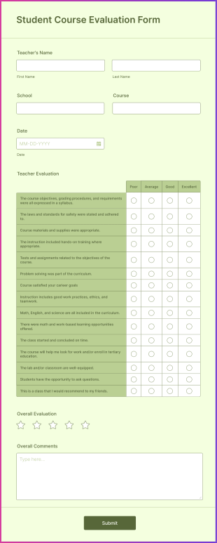Student Course Evaluation Form Template