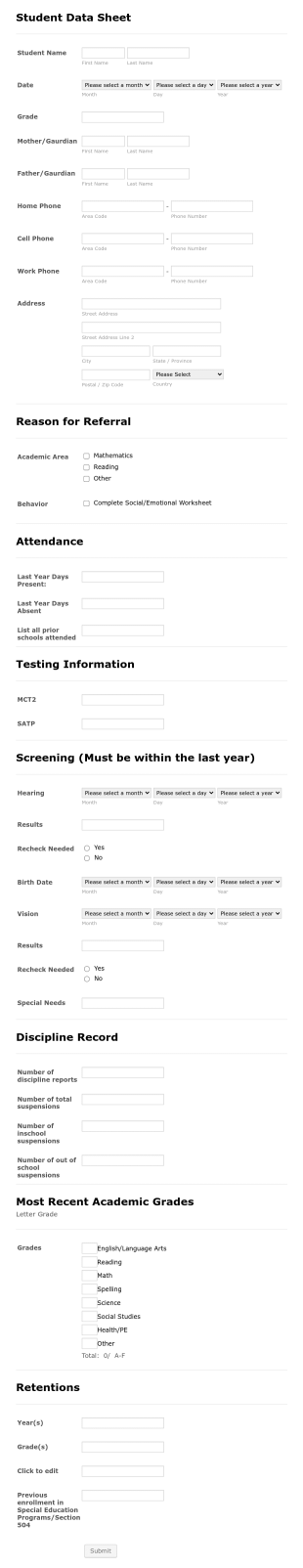 Student Data Form Template