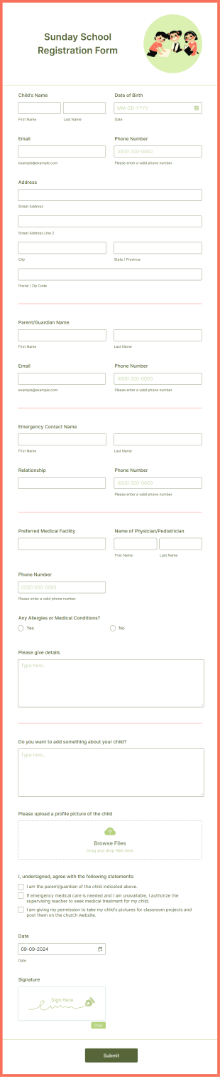 Sunday School Registration Form Template