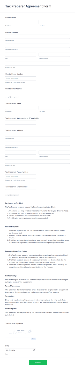 Tax Preparer Agreement Form Template