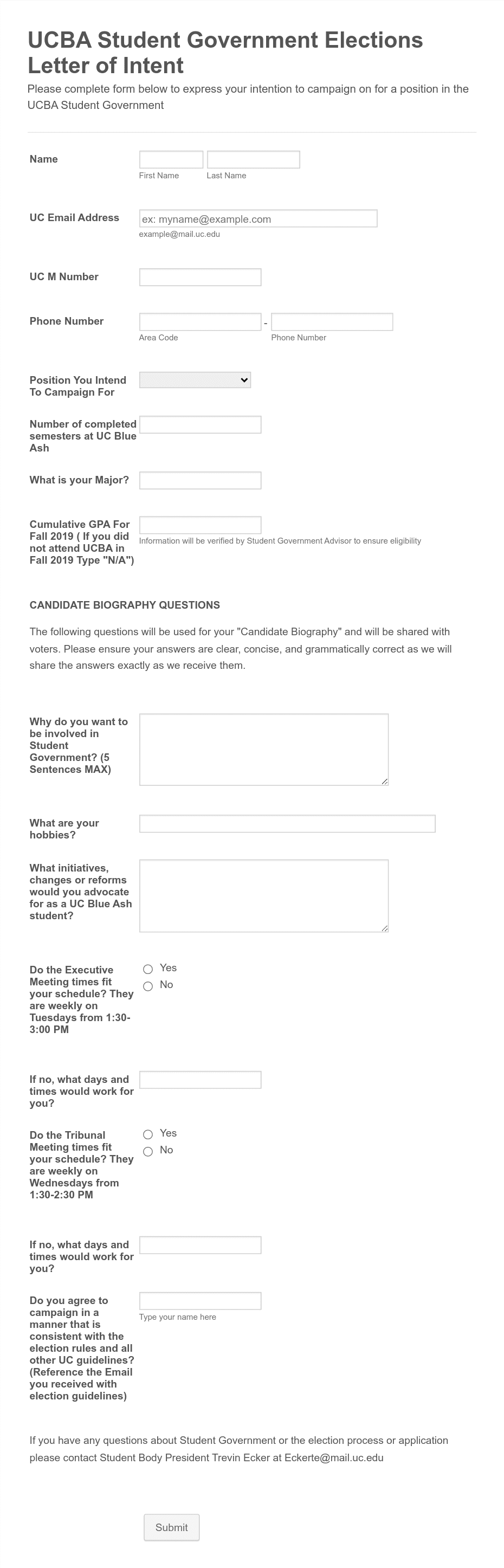 UC Blue Ash Intent to Run Form Template | Jotform