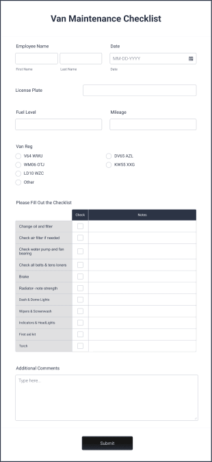 Van Maintenance Checklist Form Template