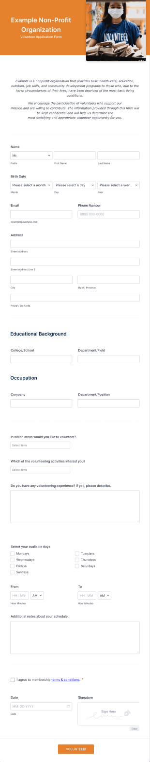 Volunteer Application Form For Non Profit Form Template