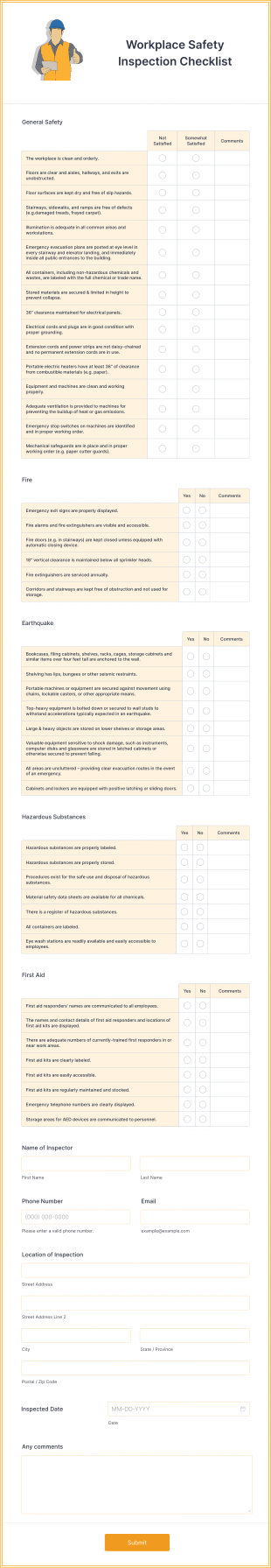 Workplace Safety Inspection Checklist Form Template