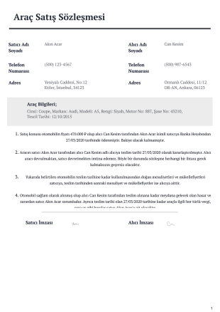 Araç Satış Sözleşmesi - PDF Templates