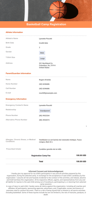 Basketball Camp Registration Template - PDF Templates