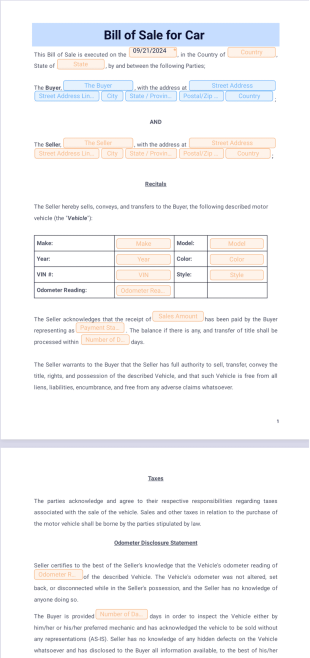 Bill of Sale for Car - PDF Templates