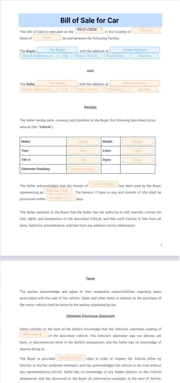 Bill of Sale for Car