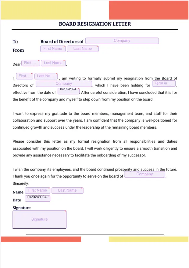 Board Resignation Letter Template