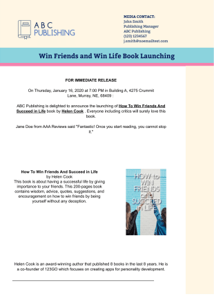 Book Press Release Template - PDF Templates