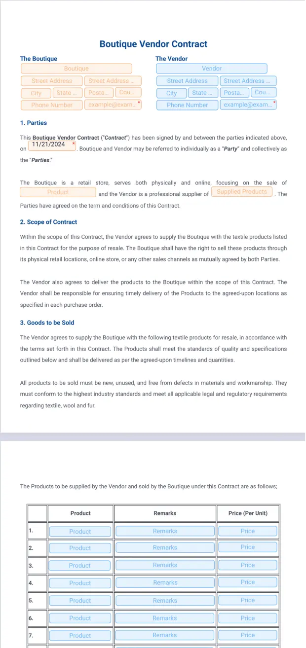 Boutique Vendor Contract Template