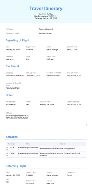 Business Travel Itinerary Template - PDF Templates