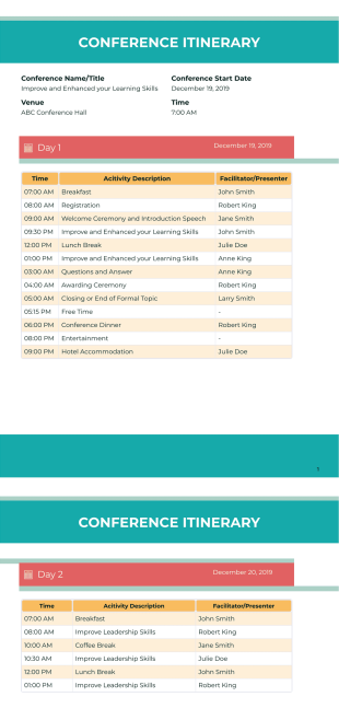 Conference Itinerary Template - PDF Templates