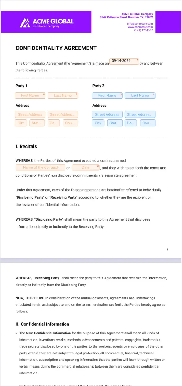 Confidentiality Agreement Template