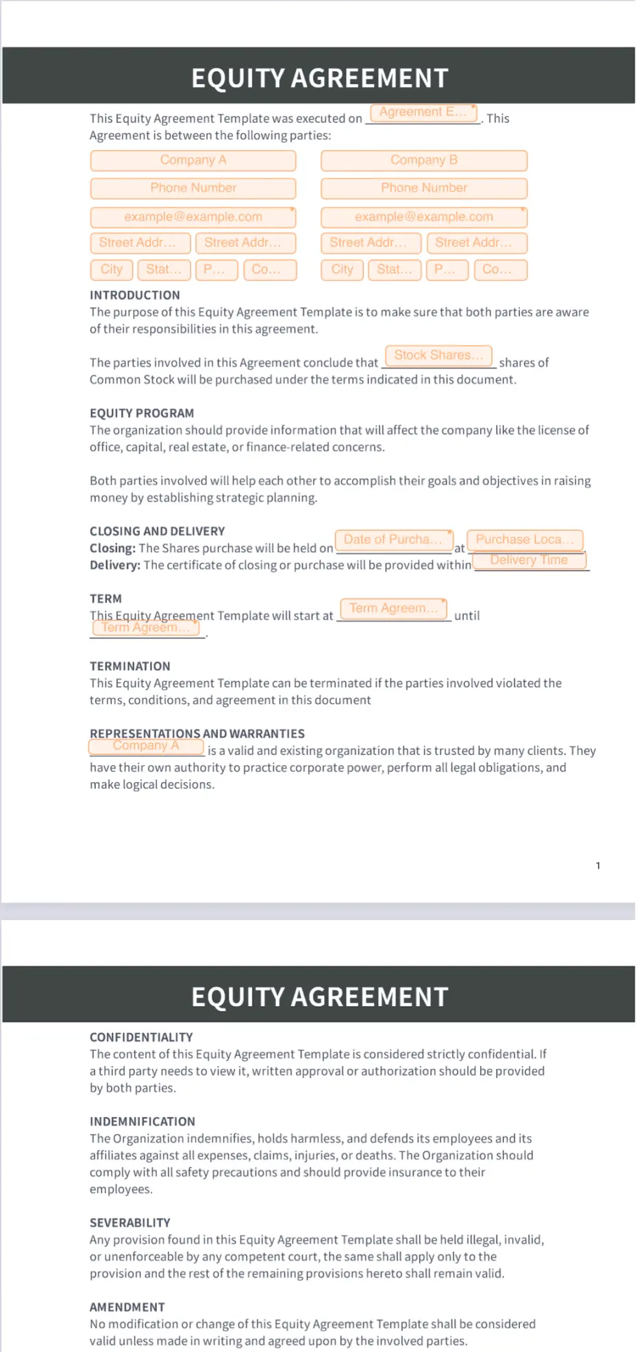 Equity Agreement Template