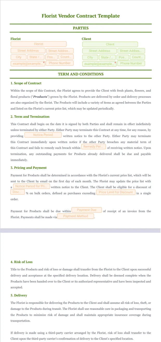 Florist Vendor Contract Template