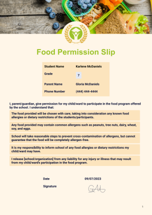 Food Permission Slip Template - PDF Templates