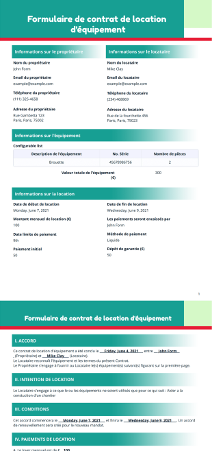 Formulaire de contrat de location d'équipement - PDF Templates