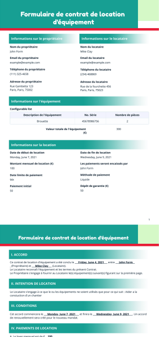 Formulaire de contrat de location d'équipement - PDF Templates