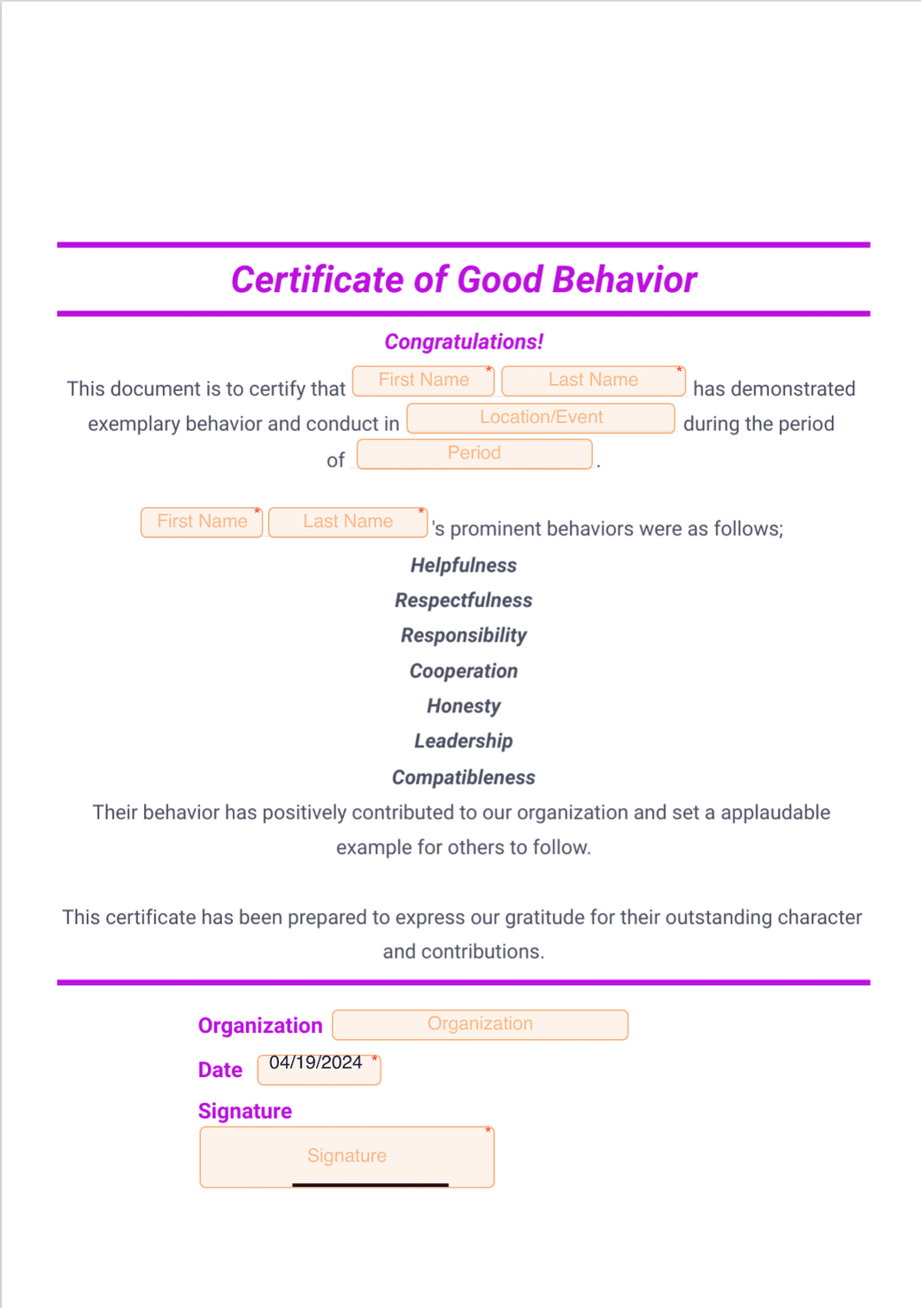 Good Behavior Certificate - PDF Templates | Jotform