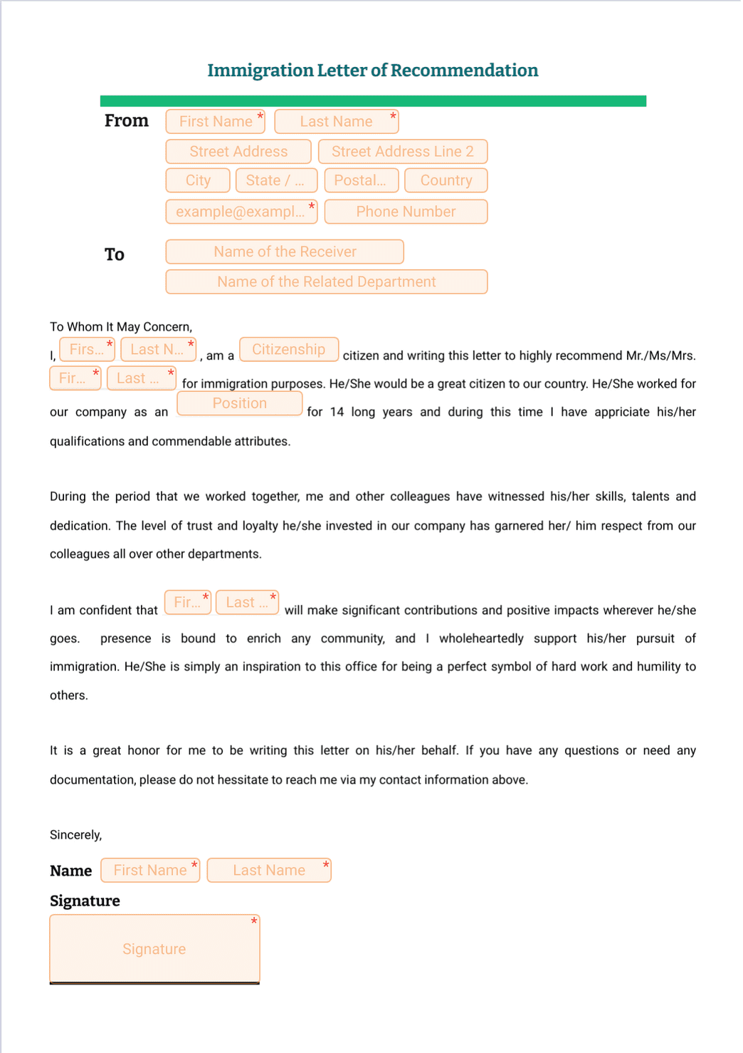 Immigration Letter of Recommendation - PDF Templates | Jotform