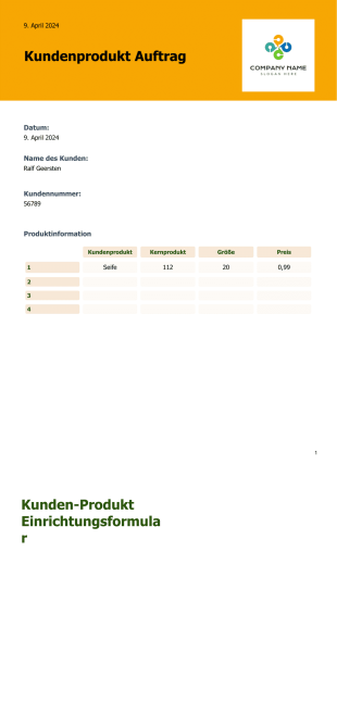 Kundenprodukt Auftrag - PDF Templates